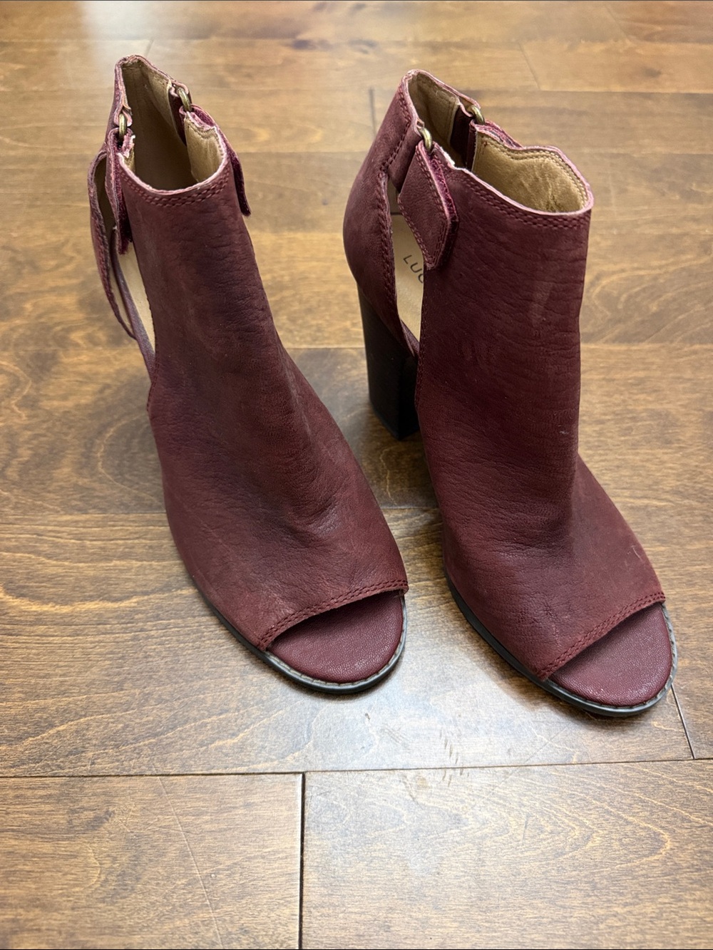 Lucky Brand Burgundy Open-Toe Heeled Ankle Boots